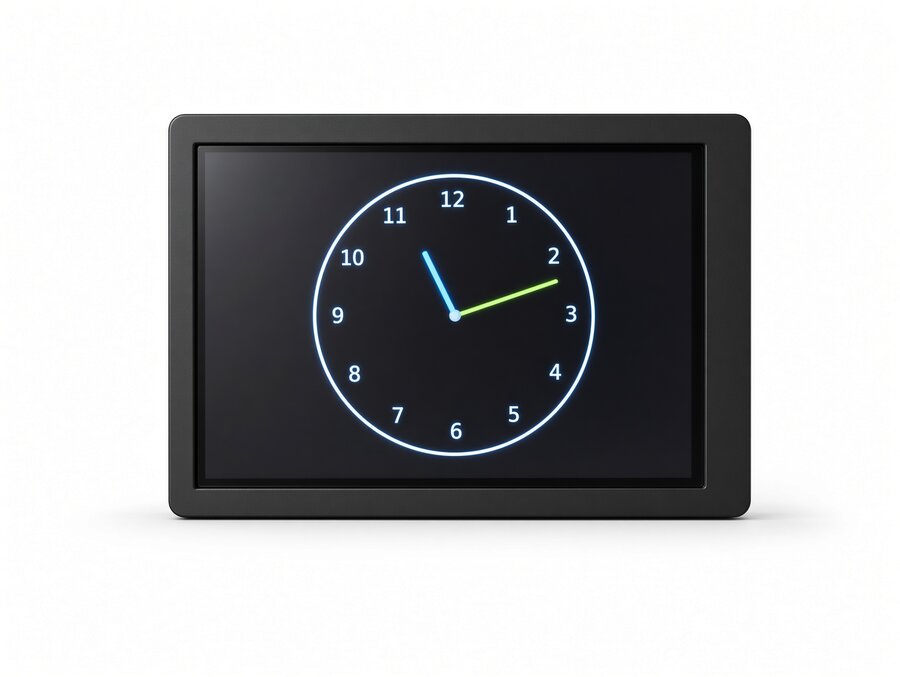 Clock screen shown on the device display